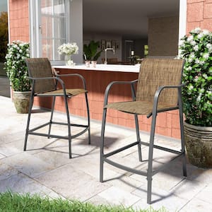 Set of 2 Metal Outdoor Bar Stools Counter Height Patio Bar Chairs in Earth