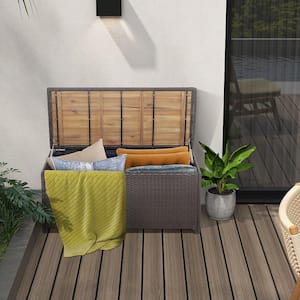 45 Gal. Patio Wicker Bench Deck Box with Acacia Wooden Seat Mix Brown Outdoor Storage Bench Poolside Garden
