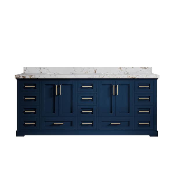 Willow Collections Boston 84 in. Double Sink Freestanding Navy Blue Bath Vanity with Viola Gold Qt. Top Unassembled