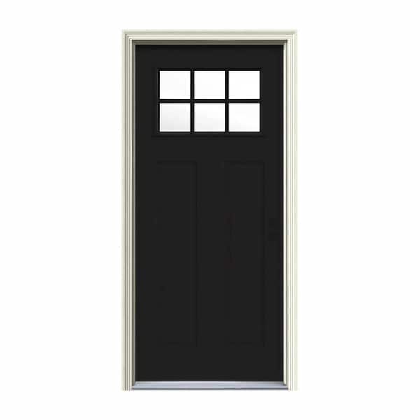 JELD-WEN 30 in. x 80 in. 6 Lite Craftsman Black Painted Steel Prehung Left-Hand Inswing Front Door w/Brickmould