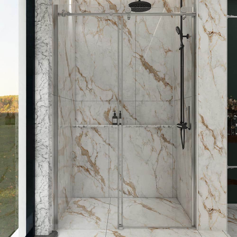48 in. W x 76 in. H Single Sliding Semi-Frameless Shower Door in Brushed Ni