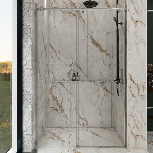 Unbranded 48 in. W x 76 in. H Single Sliding Semi-Frameless Shower Door in Brushed Nickel Finish with Clear Glass