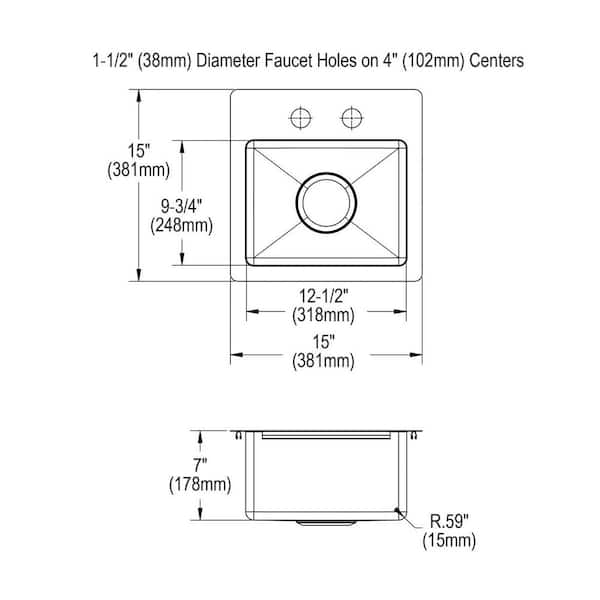 Crosstown Drop-In/Undermount Stainless Steel 15 in. 2-Hole Single Bowl Bar Sink Crosstown Drop-In/Undermount Stainless Steel 15 in. 2-Hole Single Bowl Bar Sink