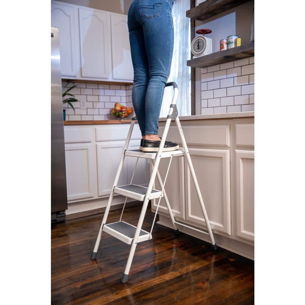 3-Step White and Black Foldable Steel Step Stool Ladder