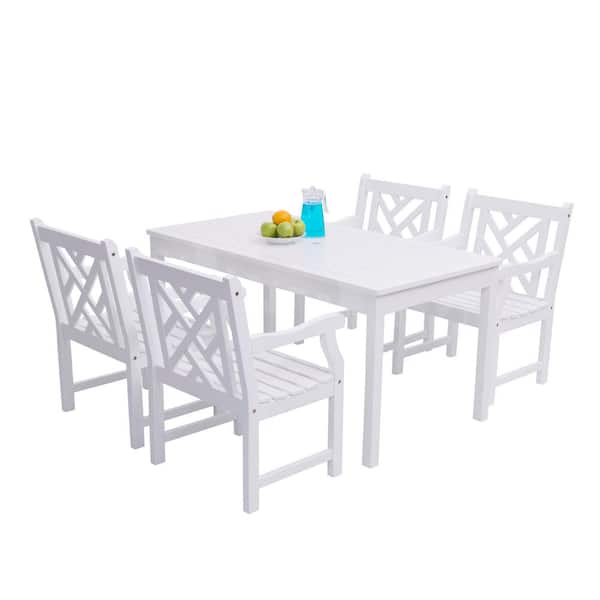 Vifah Bradley Acacia White 5-Piece Patio Dining Set with 32 in. W Table and Herringbone, Back Armchairs