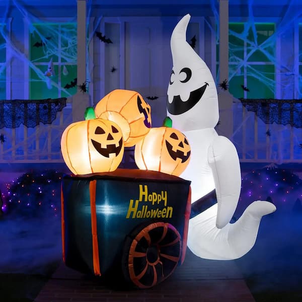 JOYIN Syncfun 6 FT Inflatable Ghost Pushing Pumpkin Cart with Built-in LEDs for Halloween Decor
