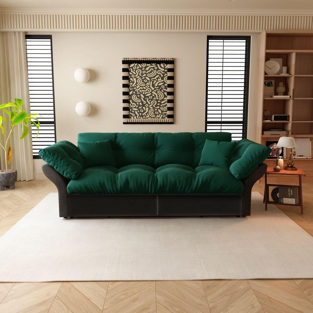 74.8 in. Flared Arm Velvet Rectangle Sofa in Green with 2-Soft Pillows