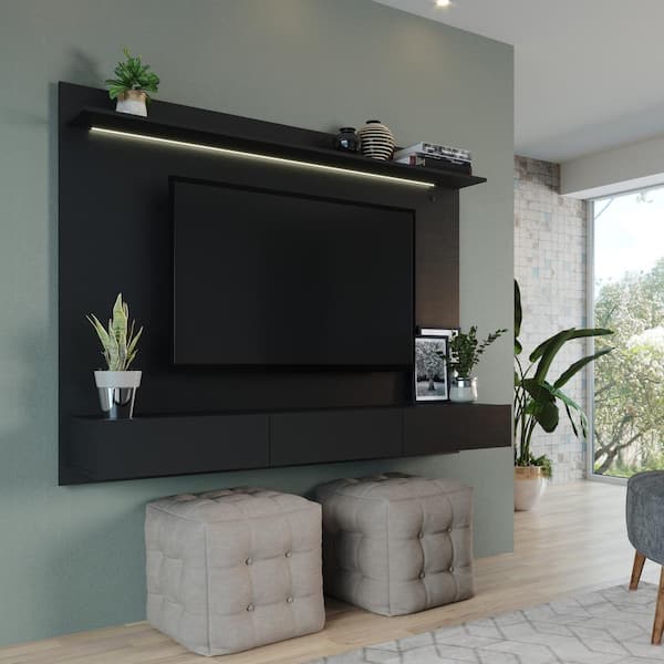 Black Wall Mounted Floating Entertainment Center Fits TV up to 70 in., Home Theater with LED Lights & Storage Drawers
