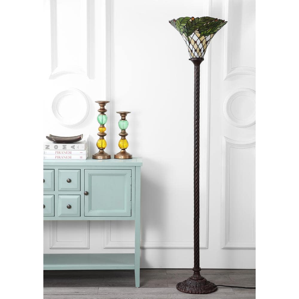 Botanical Tiffany-Style 71" Bronze Stained Glass Torchiere Lamp