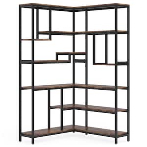 Eulas 75 in. Tall Brown Engineered Wood 6-Shelf Corner Bookcase Tall Corner Bookshelf Display Shelf for Living Room