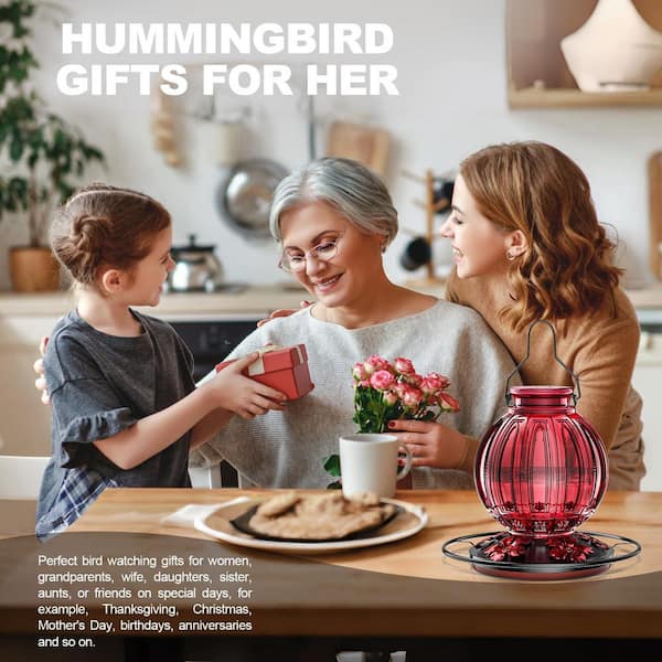 Red 26 oz. Glass Hummingbird Feeder with Perch 5 Flower Ports Leak-Proof for Outdoor Garden Decor Gifts (1-Pack)