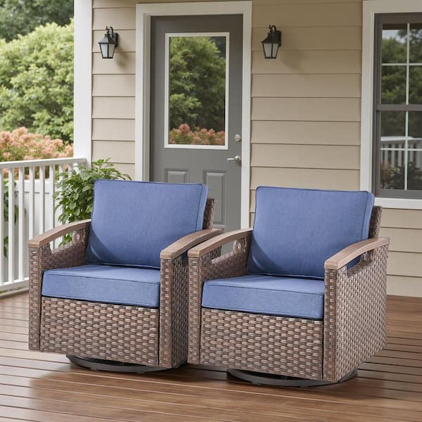 Bellefurn Concave 2-Person Brown Wicker Outdoor Glider Patio Swivel Rocking Chair Set with Blue Cushions