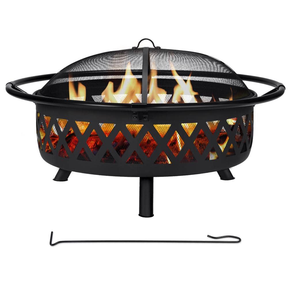 Atesun 42 in. Black Patio Fire Pit Wood Burning with Mesh Spark Screen ...