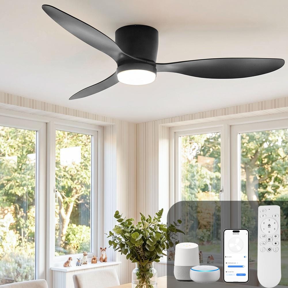 Gloweer 52 in. Flush Mount Ceiling Fan with Light, 3 Black ABS