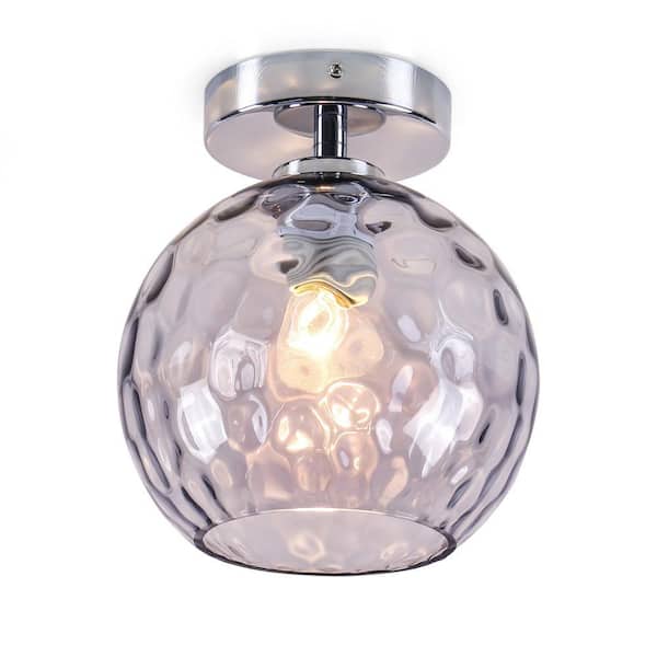 Nox 8 in. Chrome 1-Light Semi-Flush Mount Light with Smoky Stone Pattern Glass Round Shade and E26 Base (No Bulbs)