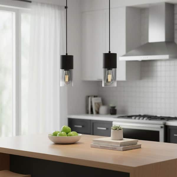 2-Pack Black Pendant Light Fixtures, Adjustable Modern Industrial Glass Pendant Lights for Kitchen Island Dining Room