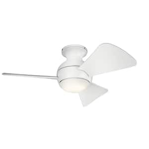 Sola 34 in. Indoor/Outdoor Matte White Low Profile Ceiling Fan with Integrated LED with Wall Control Included