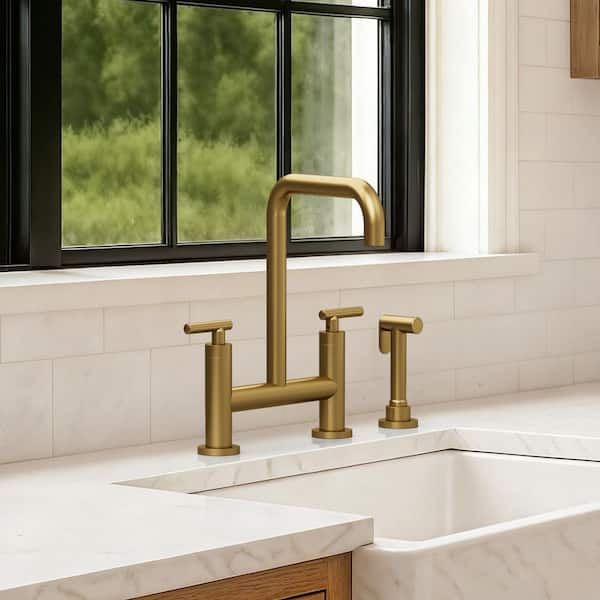 13 in. H 2-Handle Bridge Pull-Down Kitchen Faucet with Side Spray, 360° Swivel in Brushed Gold