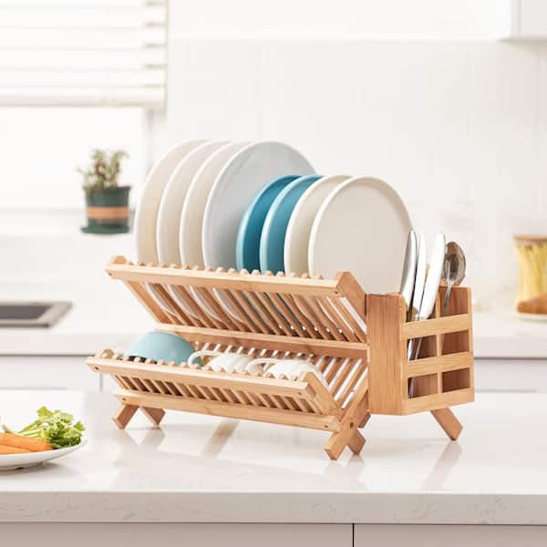 2-Tier Bamboo Dish Drying Rack with Utensils Holder, Set for Kitchen, Collapsible Drainer, Folding Dish Rack, Natural