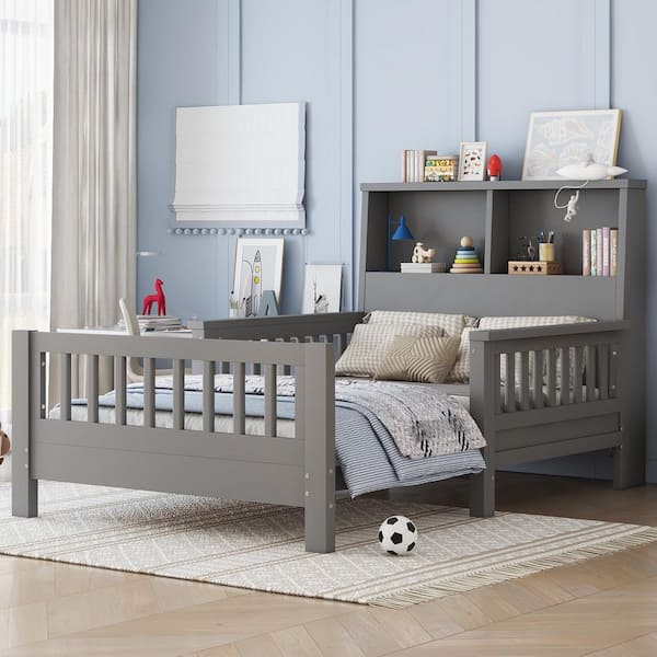 Gray Wood Frame Twin Platform Bed with Storage Headboard and Safety Rails