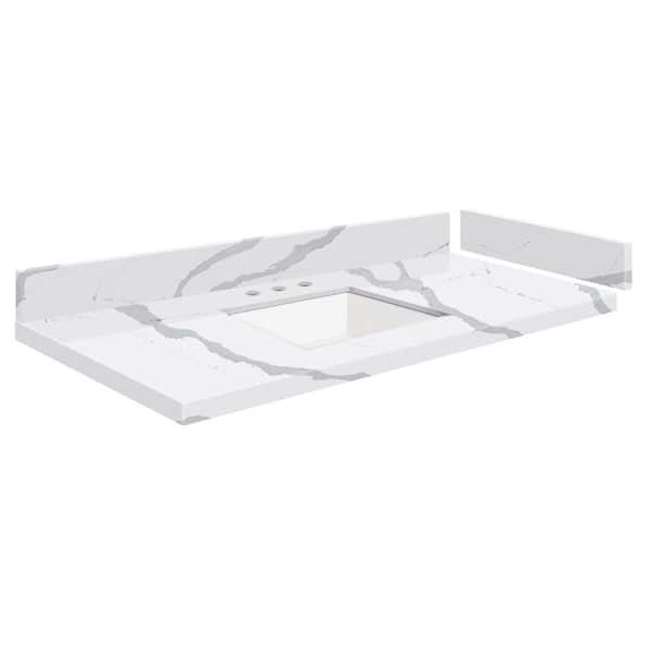 Transolid Silestone 37 in. W x 22.25 in. D Quartz White Rectangular Single Sink Vanity Top in Bianco Calacatta