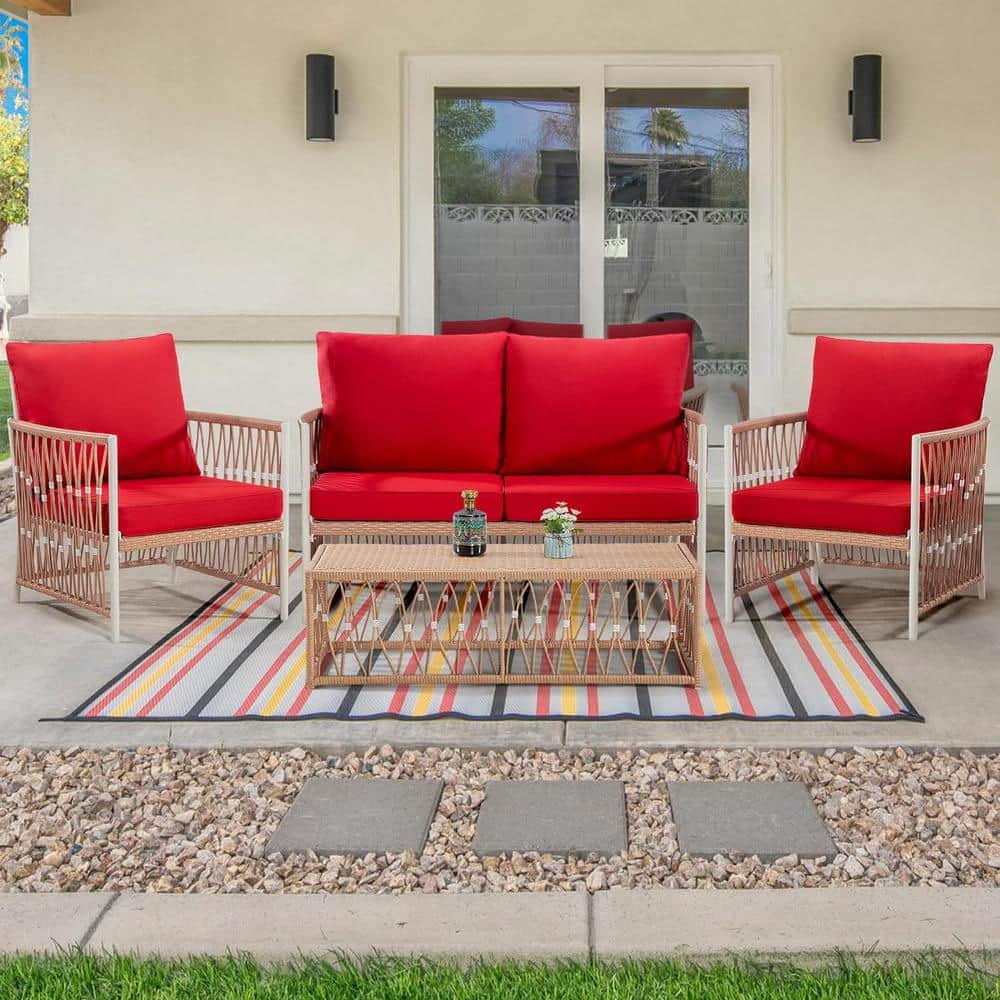 4 Pieces Wicker Outdoor Patio Sectional Set with 2 Chairs, 1 Loveseat ...