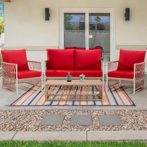Unbranded 4 Pieces Wicker Outdoor Patio Sectional Set with 2 Chairs, 1 Loveseat, 1 Coffee Table and Red Cushions