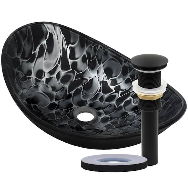 Novatto Tartaruga Oval Glass Vessel Sink in Painted Black with Drain and Assembly in Matte Black