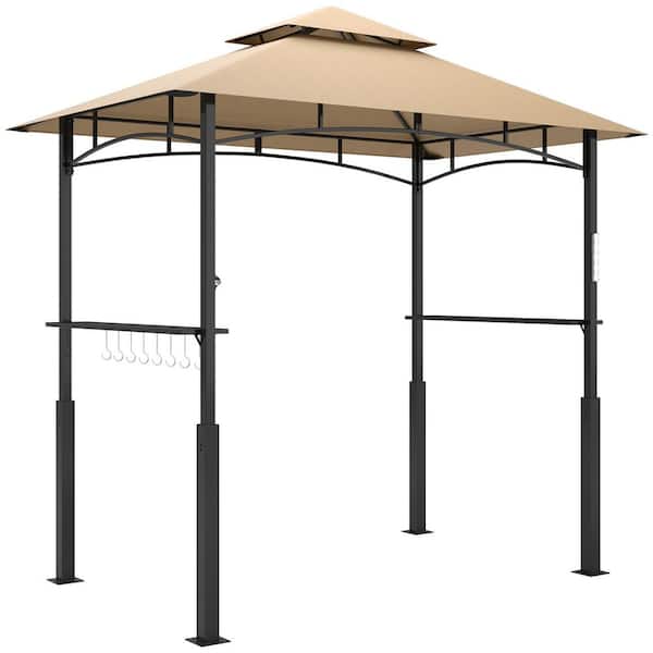 8 ft. x 5 ft. Brown Grill Gazebo, Double Tiered BBQ Gazebo with LED Light, 2 Side Shelves, Hooks and Bottle Opener