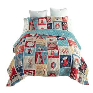 Retro Christmas 3PC Multicolor Queen Microfiber Quilt Set