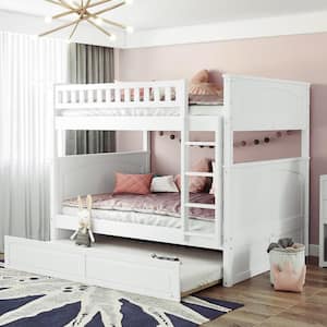 Full Over Full Bunk Bed with Trundle Safety Rail & Ladder, Detachable Wood Full Bunk Bed Frame ，White