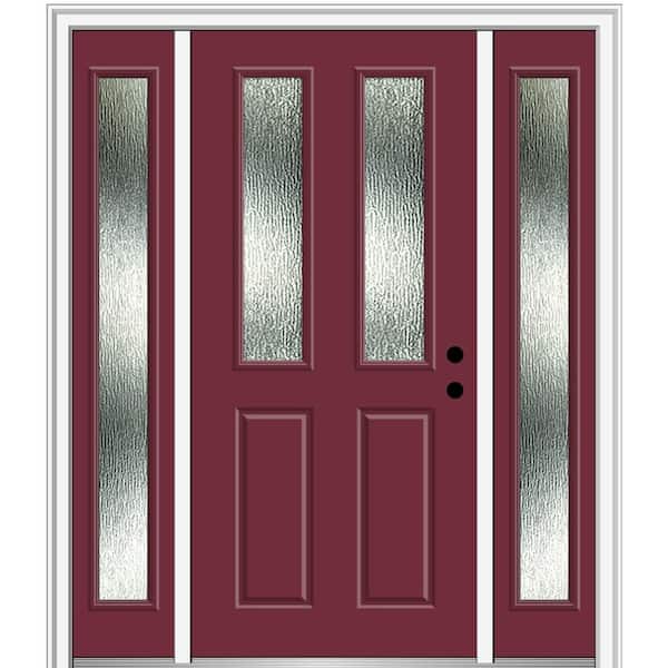 MMI DOOR 60 in. x 80 in. Left-Hand Inswing Rain Glass Burgundy Fiberglass Prehung Front Door on 4-9/16 in. Frame