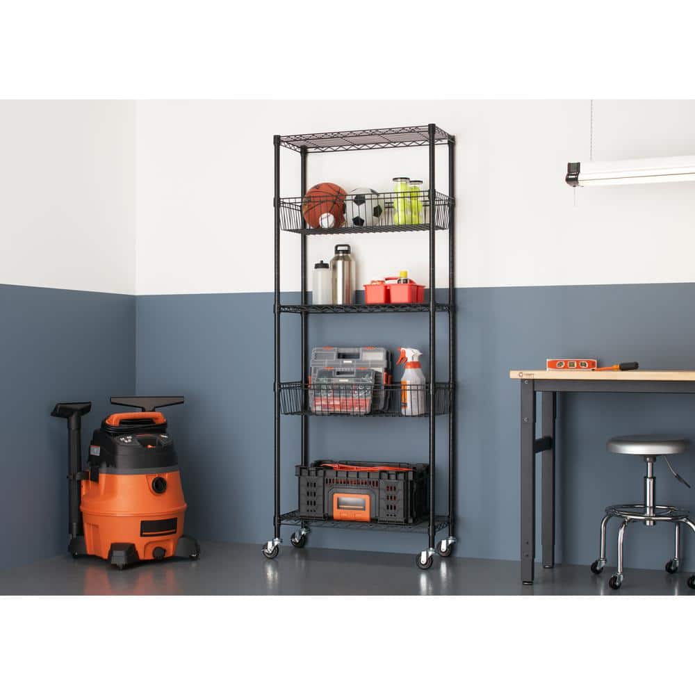 Black Powder-Coated Steel 5-Tier Wire Shelving Unit with Wheels