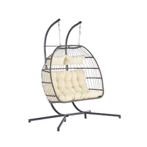 60 in. Width 2-Person Black Metal Frame Wicker Patio Swing Chair Patio Rattan Egg Chair with Beige Cushion