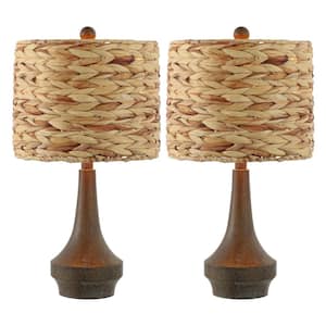 Theodore 21 in. Farmhouse Handwoven LED Table Lamp Set with Rattan Shade and Resin Base, Brown Wood Finish (Set of 2)