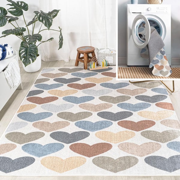 JONATHAN Y Ivory/Blue/Orange 5 ft. x 8 ft. Dila Modern Hearts Geometric Machine-Washable Area Rug