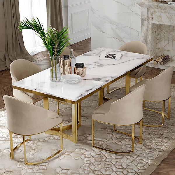 FORCLOVER 55 in. Rectangular Luxury White Marble Modern Dining Table Gold Stainless Legs for Kitchen and Dining Room (Seats 6) MONMUCF-05B - The Home Depot