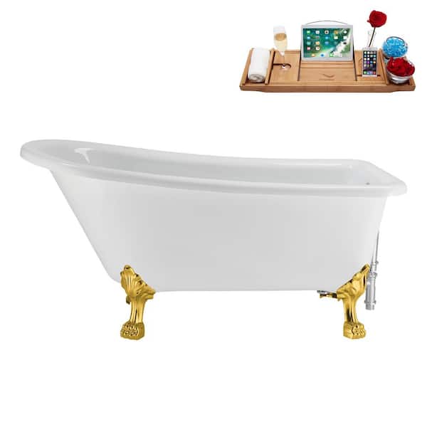 Streamline 58 in. x 28 in. Acrylic Clawfoot Soaking Bathtub in Glossy White with Polished Chrome Drain, Polished Gold Clawfeet