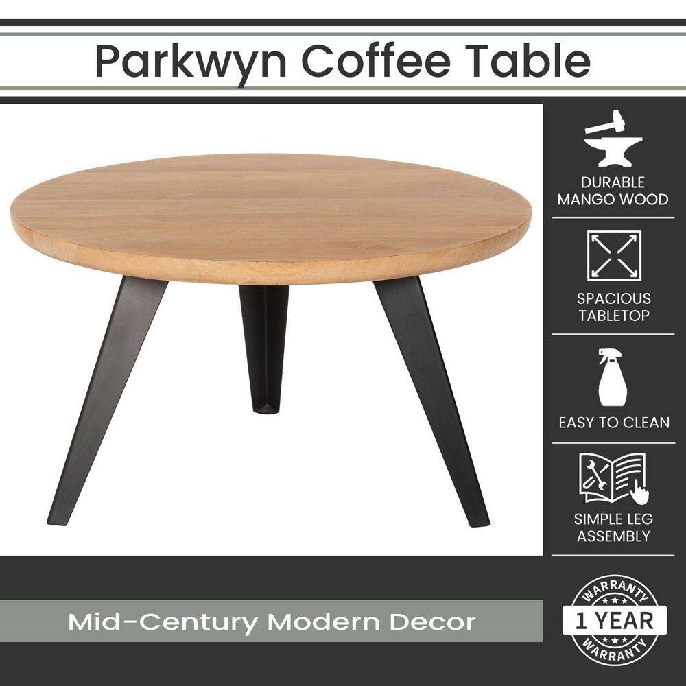 Mid-Century Modern Mango Wood Round Coffee Table with Metal Accents