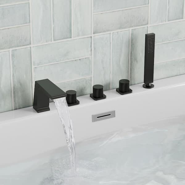3-Handle Tub-Mount Roman Tub Faucet with Hand Shower in Matte Black