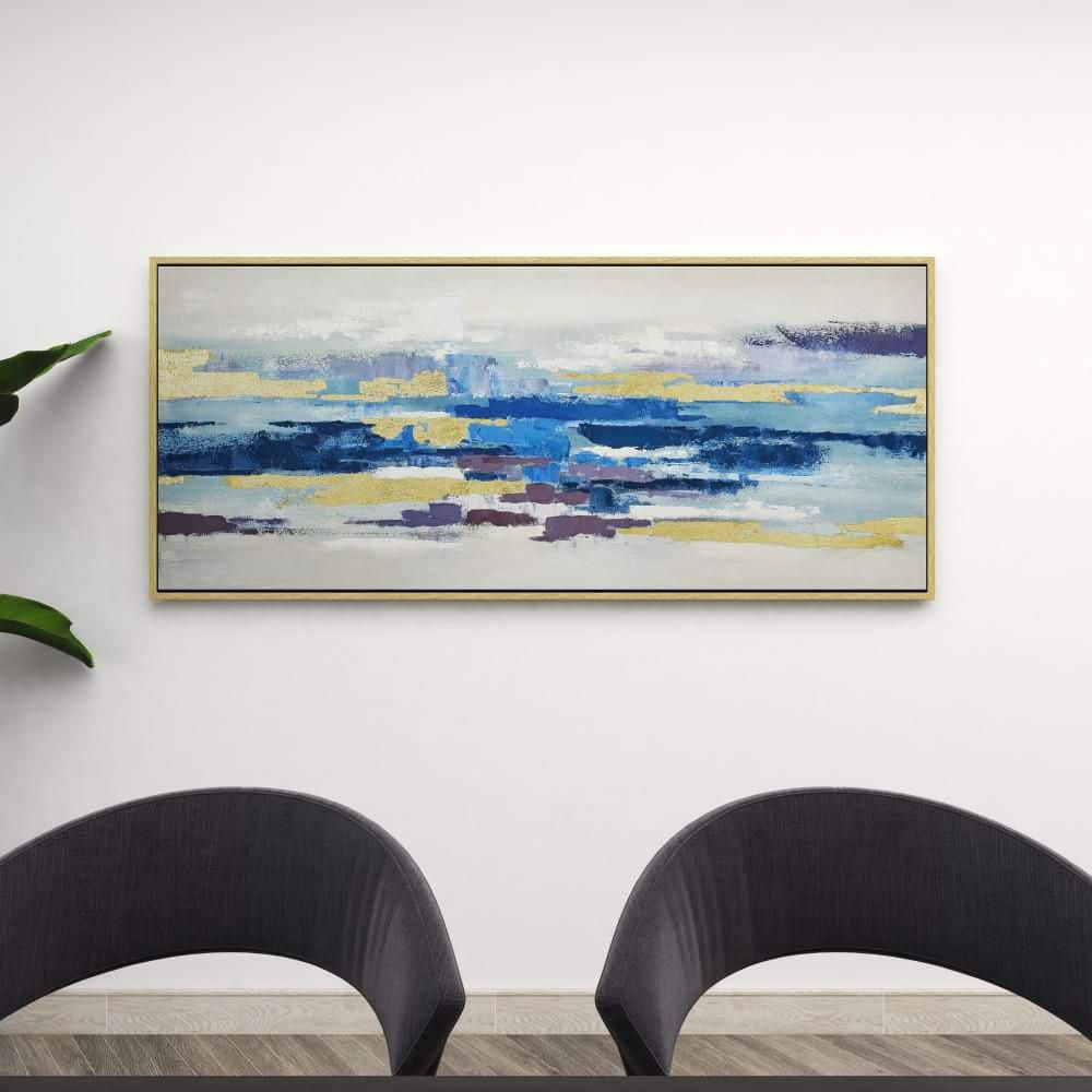 Large Blue and Gold Abstract Canvas Art with Gold Frame