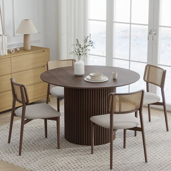 Dovelina 46 in. Walnut Oak Wood Color Column Pedestal Round Kitchen Table Dining Table Seats 4