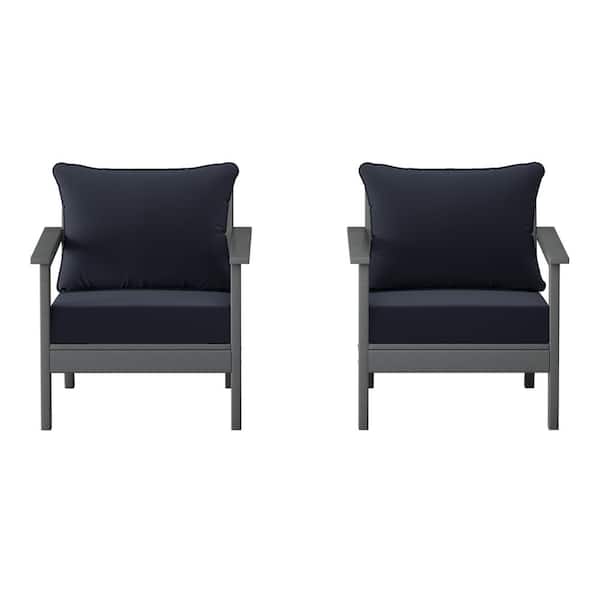 Birchwood Gray Outdoor Patio (Set of 2) Deep Seating HDPE Lounge Chairs w/ Navy Blue Cushions