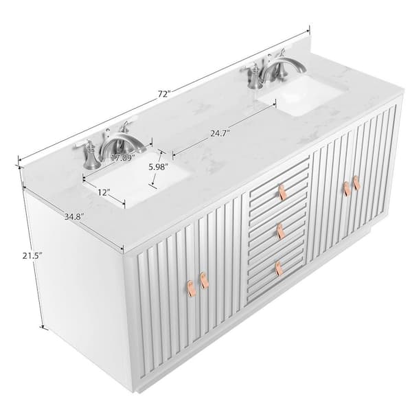 72 in. White Wood Double Sink Freestanding Bathroom Vanity with White Marble Top(Assembled)