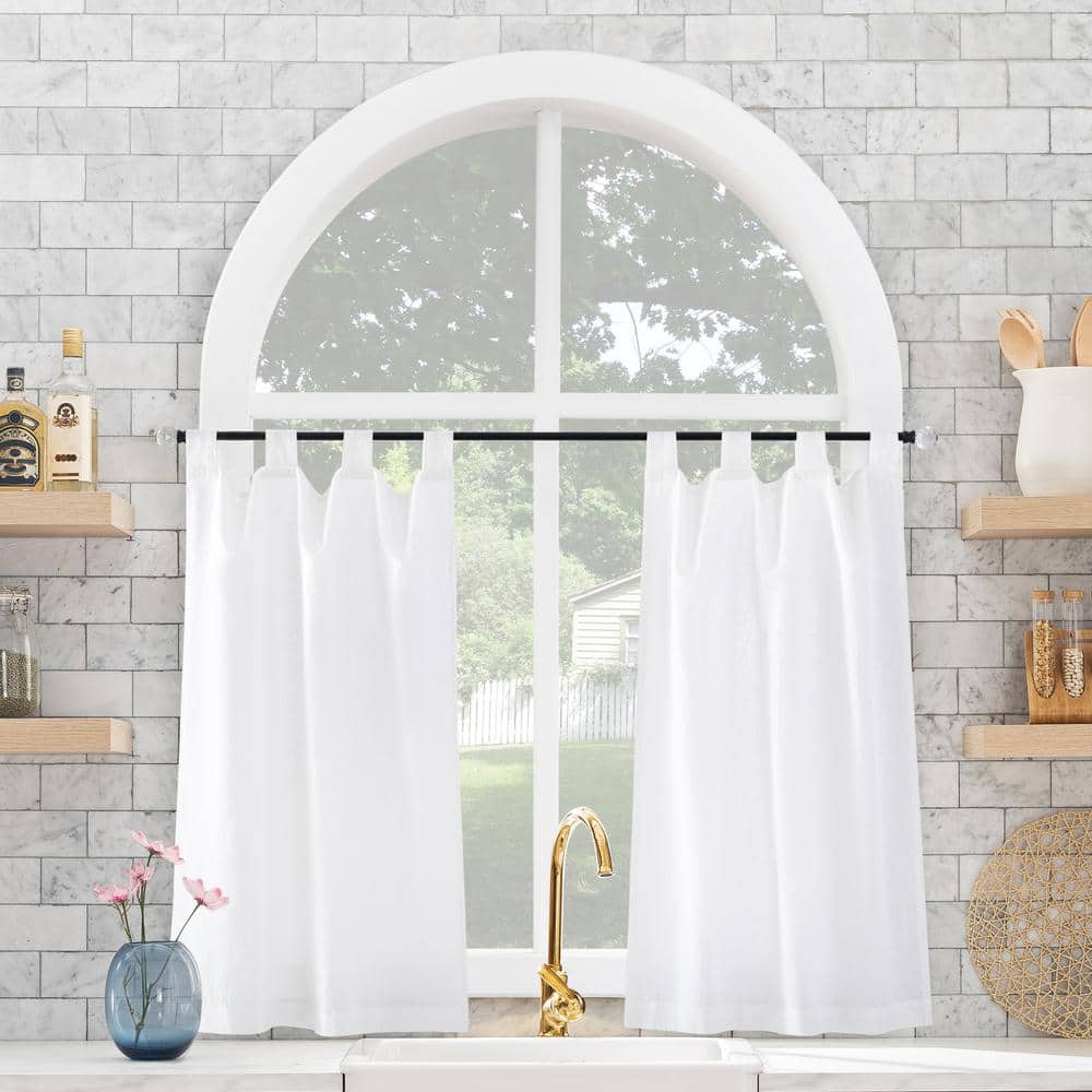 White Linen Cotton Blend Tab Top Kitchen Curtain Tier Pair