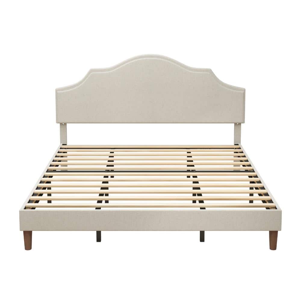 Beige Upholstered Fabric King Platform Bed with Adjustable Headboard, Linen Padded Frame, No Box Spring Needed