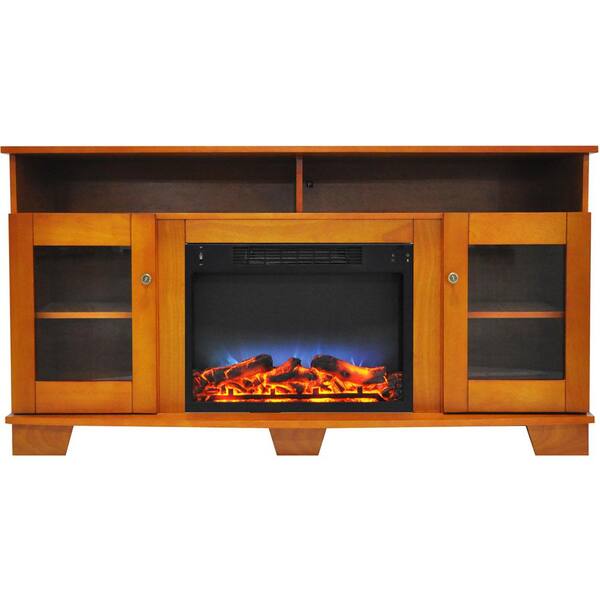Hanover Glenwood 59 in. Electric Fireplace in Teak with Entertainment Stand and Multi-Color LED Flame Display