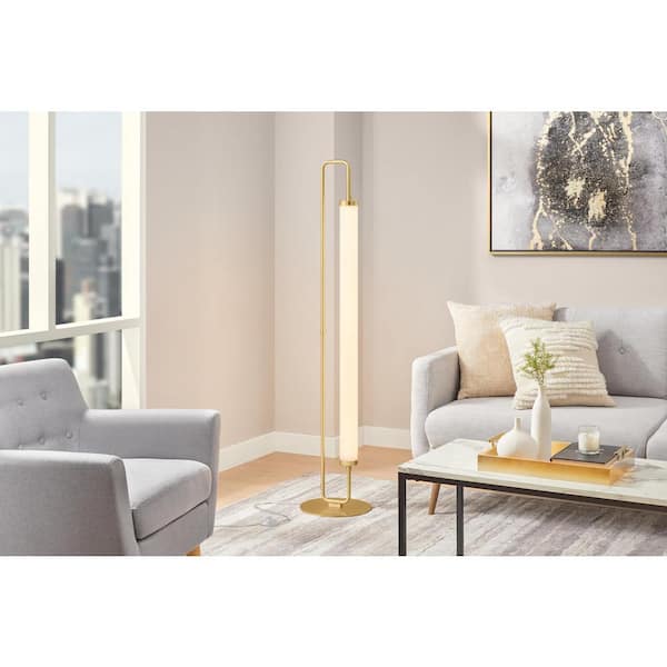 Hampton Bay Aranda 58 in. Brass Integrated LED Column Floor Lamp with Acrylic Shade and CCT Color Temperature Selectable