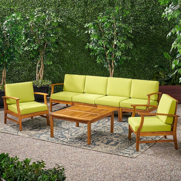 Noble House Giancarlo Teak Finish 7-Piece Wood Outdoor Patio Sofa and Club Chair Conversation Set with Green Cushions