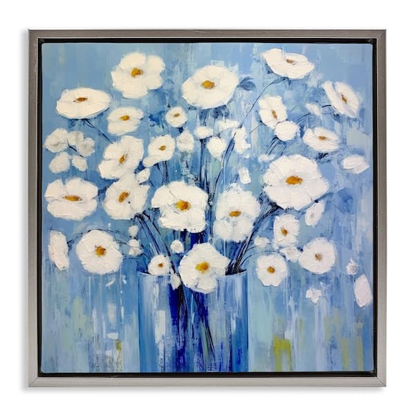 Stupell Industries Bold Blooms on Blue by Irena Orlov Gray Floater Frame Nature Graphic Art Print 18 in. x 18 in.